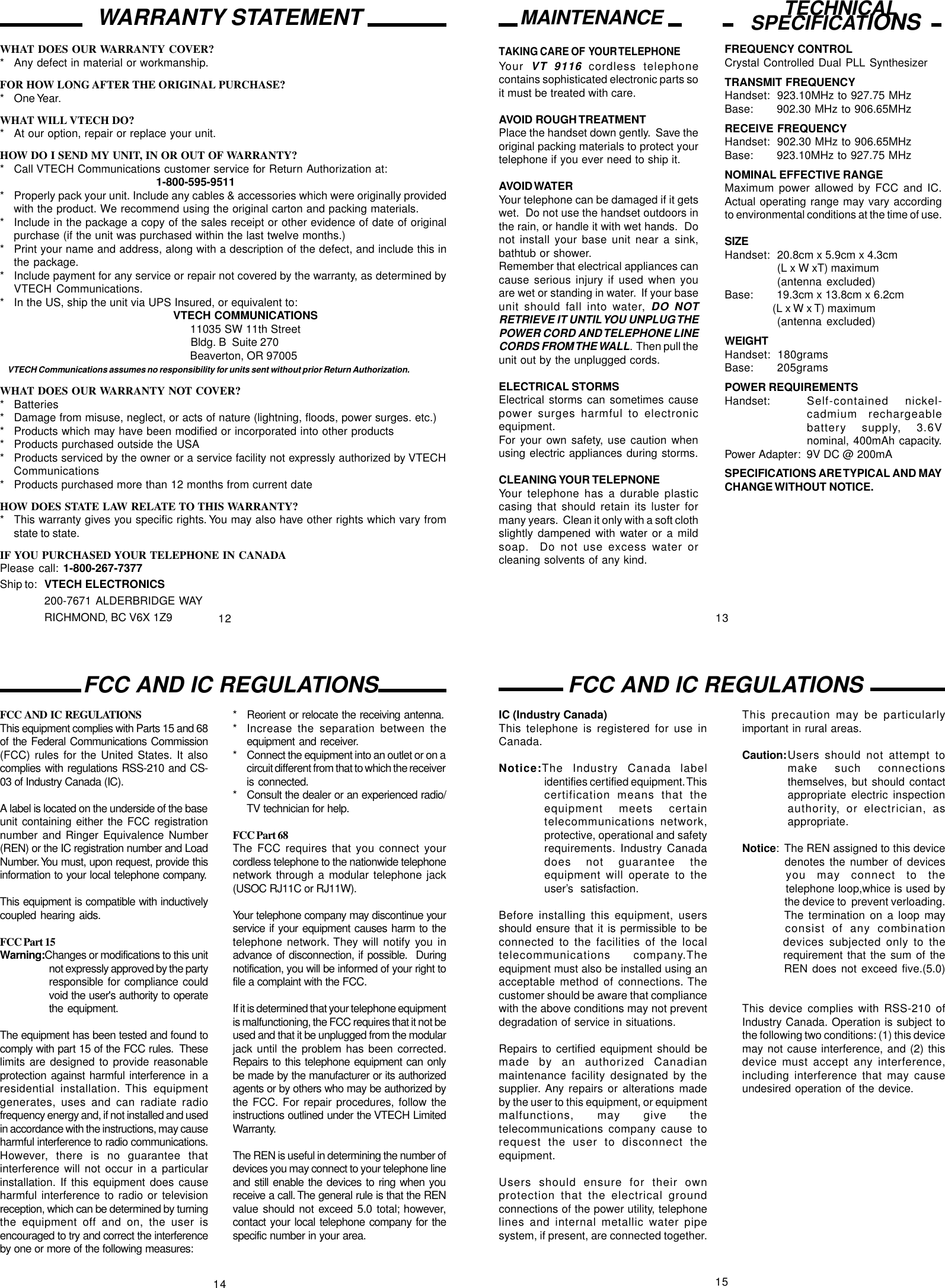 Page 4 of 4 - Vtech Vtech-9116-Users-Manual- U9108MAN  Vtech-9116-users-manual