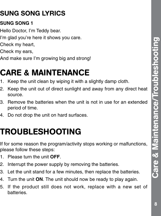 Page 8 of 10 - Vtech Vtech-Care-And-Learn-Teddy-Owners-Manual-  Vtech-care-and-learn-teddy-owners-manual