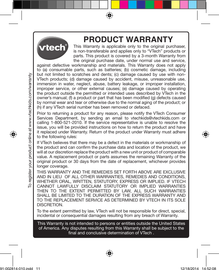 Page 11 of 11 - Vtech Vtech-Crazy-Legs-Learning-Bugs-Owners-Manual-  Vtech-crazy-legs-learning-bugs-owners-manual