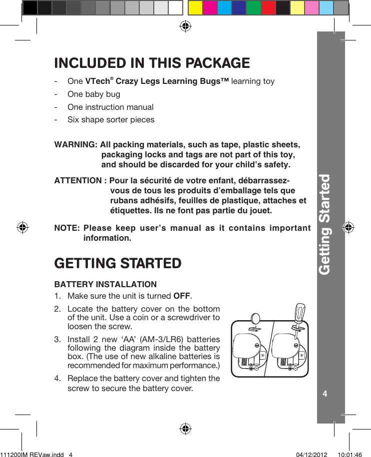 Page 4 of 11 - Vtech Vtech-Crazy-Legs-Learning-Bugs-Owners-Manual-  Vtech-crazy-legs-learning-bugs-owners-manual