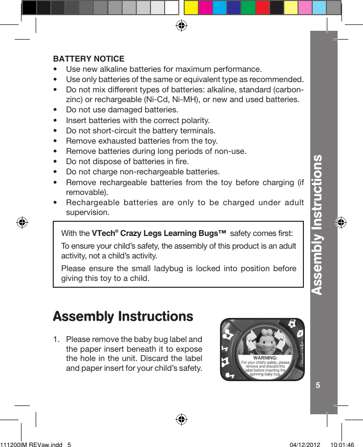 Page 5 of 11 - Vtech Vtech-Crazy-Legs-Learning-Bugs-Owners-Manual-  Vtech-crazy-legs-learning-bugs-owners-manual