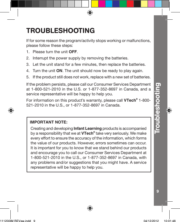 Page 9 of 11 - Vtech Vtech-Crazy-Legs-Learning-Bugs-Owners-Manual-  Vtech-crazy-legs-learning-bugs-owners-manual