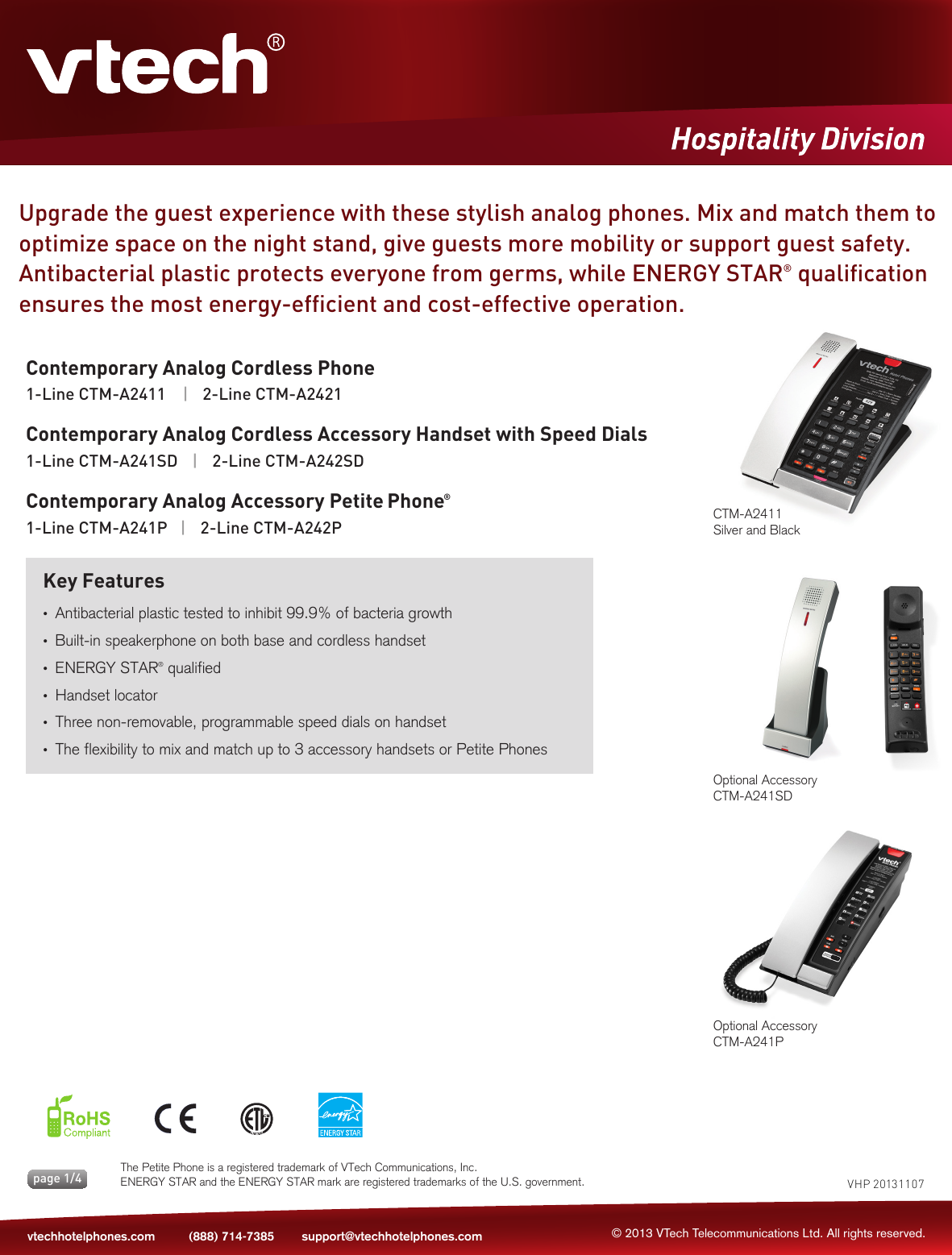 Page 1 of 4 - Vtech Vtech-Ctm-A242Sd-Silver-And-Black-Specification-Sheet- VTech_Hospitality_Spec_S21_CTM-A24X1_131107  Vtech-ctm-a242sd-silver-and-black-specification-sheet