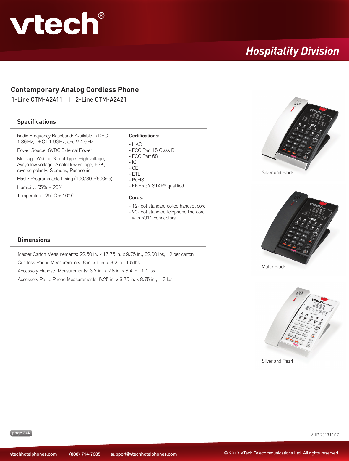 Vtech Ctm A242Sd Silver And Black Specification Sheet VTech_Hospitality ...