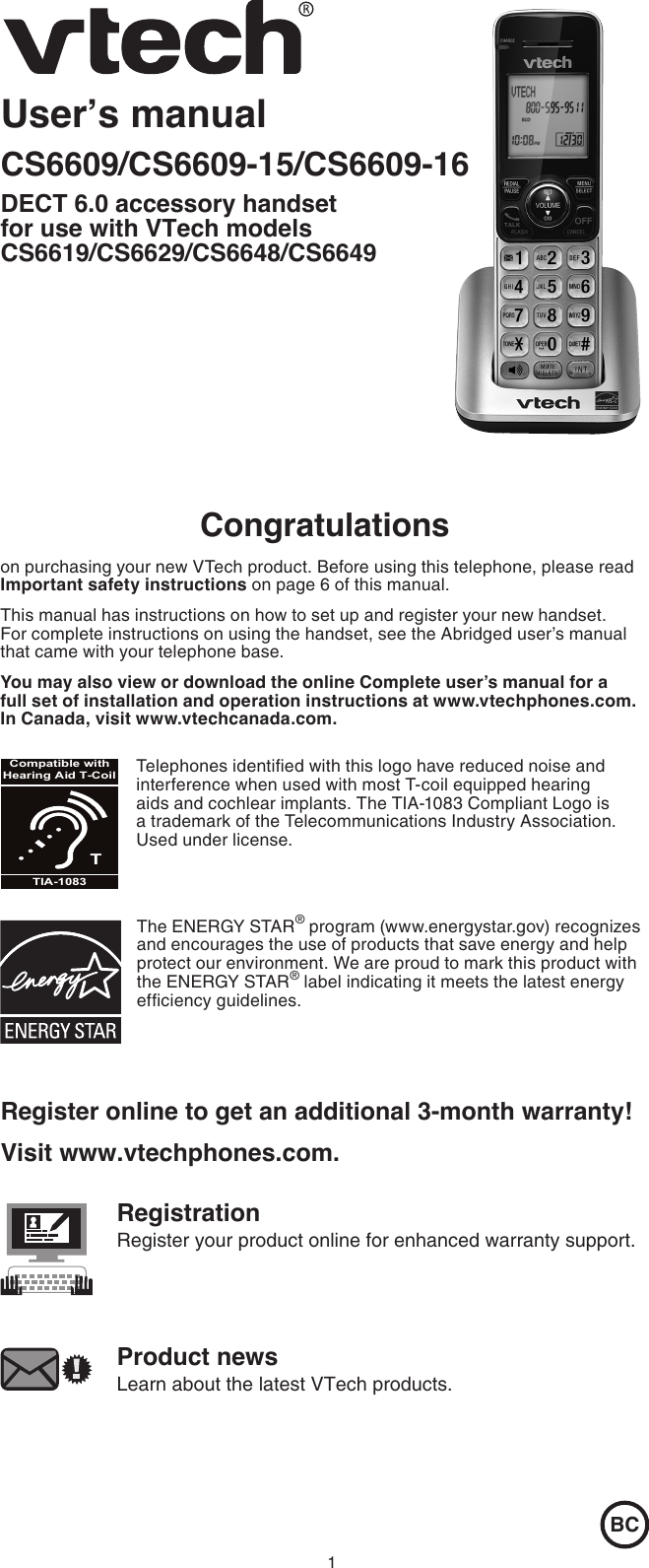 Page 1 of 12 - Vtech Vtech-Dect-6-0-Cs6609-Users-Manual-  Vtech-dect-6-0-cs6609-users-manual
