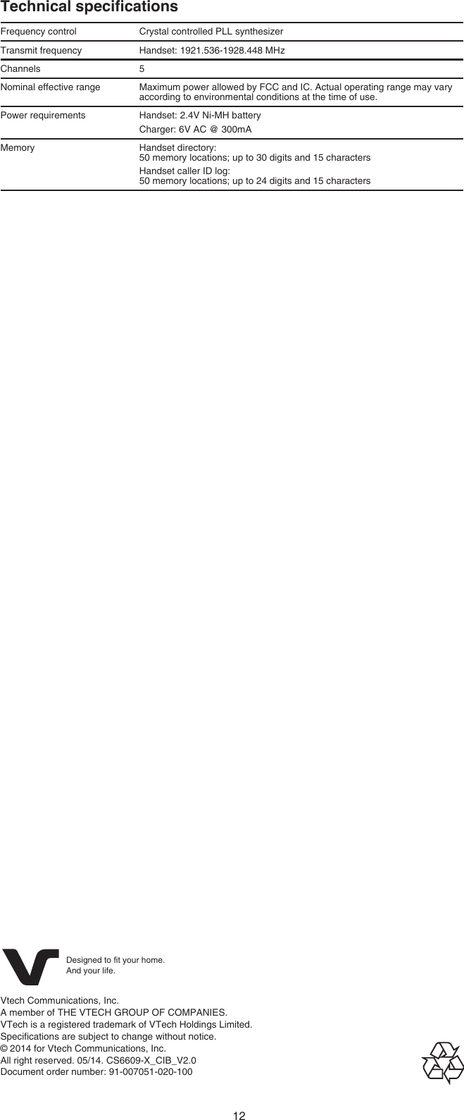 Page 12 of 12 - Vtech Vtech-Dect-6-0-Cs6609-Users-Manual-  Vtech-dect-6-0-cs6609-users-manual