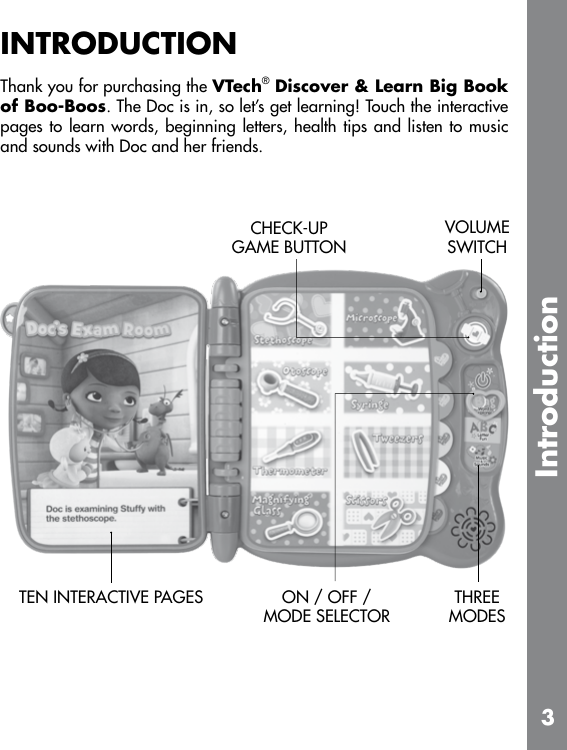 Page 3 of 11 - Vtech Vtech-Disney-Doc-Mcstuffins-Discover-And-Learn-Big-Book-Of-Boo-Boos-Owners-Manual-  Vtech-disney-doc-mcstuffins-discover-and-learn-big-book-of-boo-boos-owners-manual