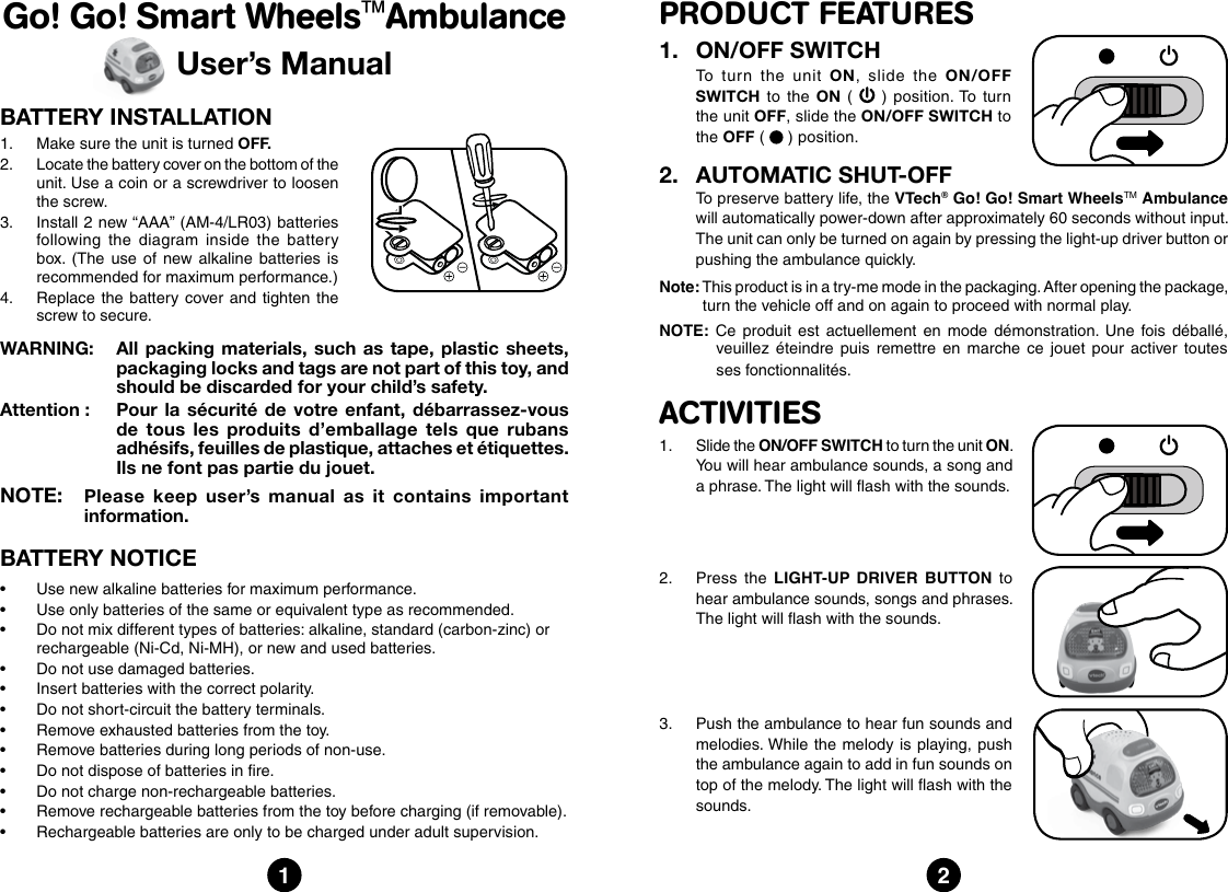 Page 1 of 2 - Vtech Vtech-Go-Go-Smart-Wheels-Ambulance-Owners-Manual-  Vtech-go-go-smart-wheels-ambulance-owners-manual