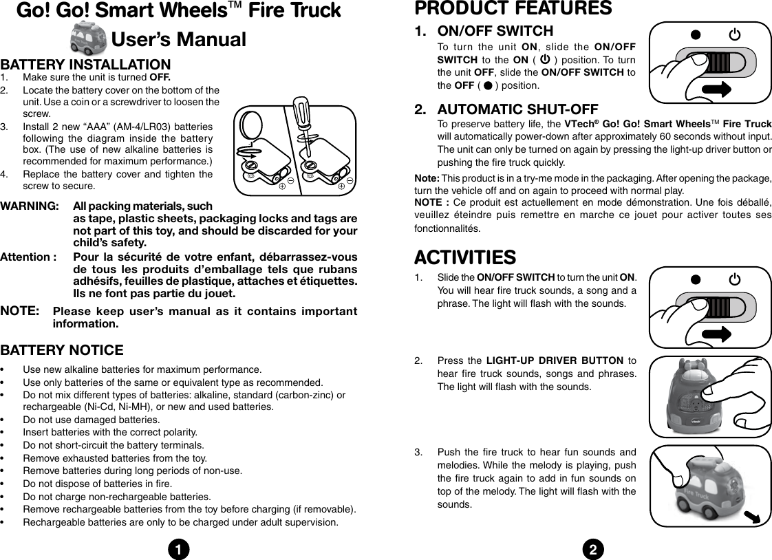 Page 1 of 2 - Vtech Vtech-Go-Go-Smart-Wheels-Fire-Truck-Owners-Manual-  Vtech-go-go-smart-wheels-fire-truck-owners-manual