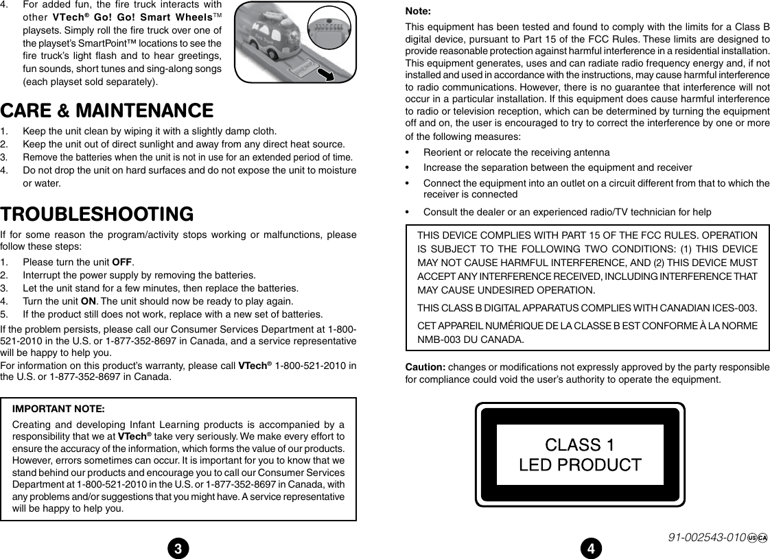 Page 2 of 2 - Vtech Vtech-Go-Go-Smart-Wheels-Fire-Truck-Owners-Manual-  Vtech-go-go-smart-wheels-fire-truck-owners-manual