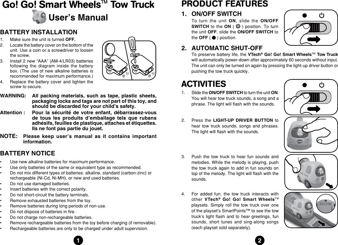 Page 1 of 2 - Vtech Vtech-Go-Go-Smart-Wheels-Tow-Truck-Owners-Manual-  Vtech-go-go-smart-wheels-tow-truck-owners-manual