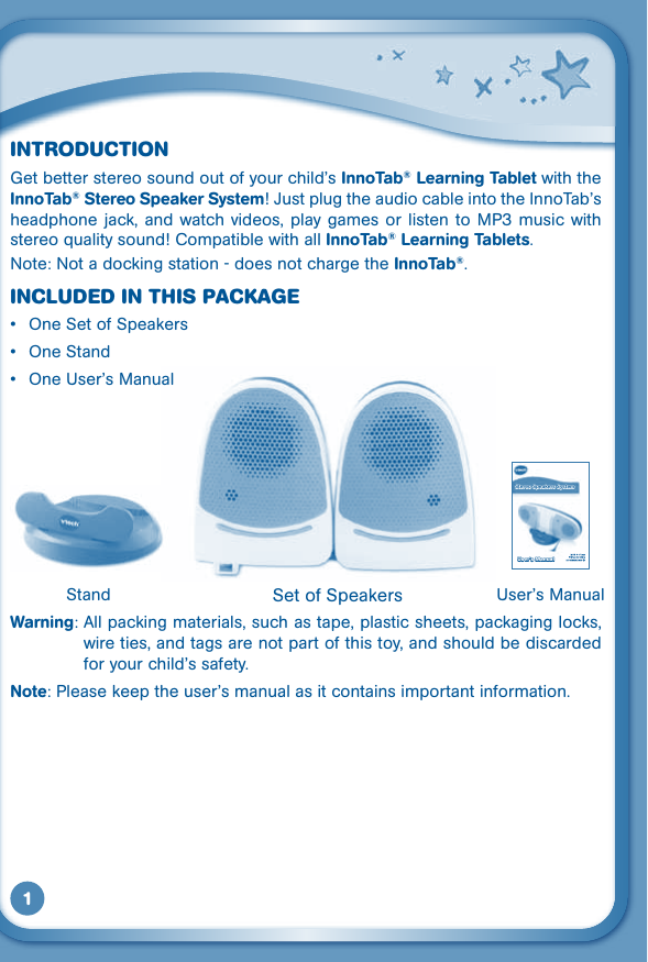 Page 2 of 8 - Vtech Vtech-Innotab-Stereo-Speaker-System-2-2S-3-3S-Owners-Manual- Vtech-innotab-stereo-speaker-system-2-2s-3-3s-owners-manual