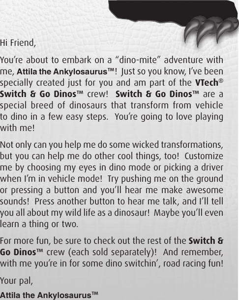 Page 2 of 12 - Vtech Vtech-Switch-And-Go-Dinos-Attila-The-Ankylosaurus-Owners-Manual-  Vtech-switch-and-go-dinos-attila-the-ankylosaurus-owners-manual