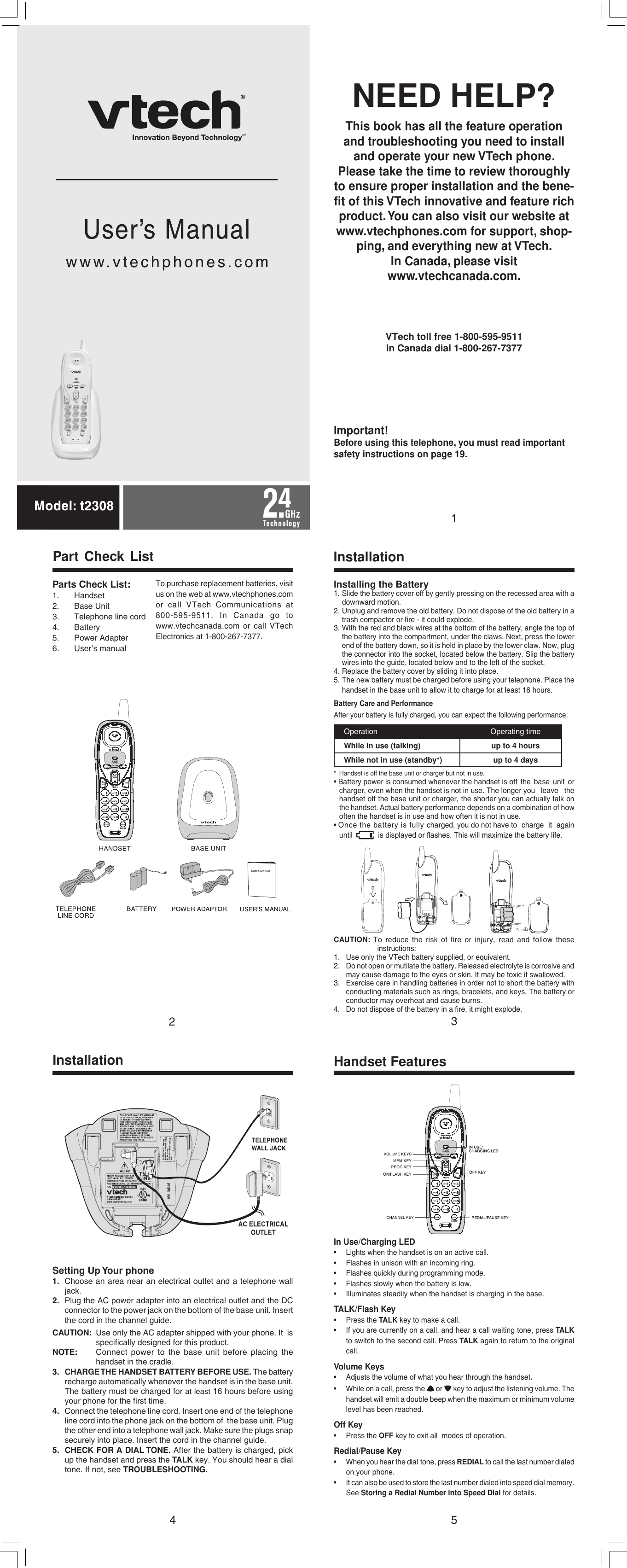 Page 1 of 4 - Vtech Vtech-T2308-Users-Manual- 91-000397-020-000t2308 Manual-eng Vtech-t2308-users-manual