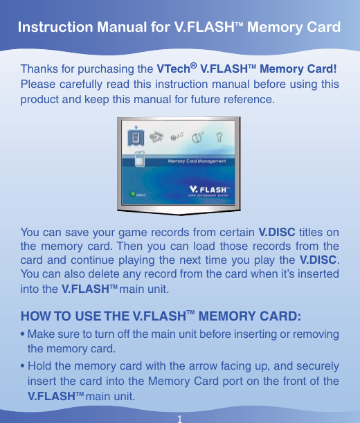 Page 1 of 4 - Vtech Vtech-V-Flash-Memory-Card-Owners-Manual- V.Flash Memory Card  Vtech-v-flash-memory-card-owners-manual
