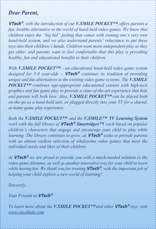 Page 2 of 12 - Vtech Vtech-V-Smile-Pocket-Original-Owners-Manual- 64400 Manual  Vtech-v-smile-pocket-original-owners-manual