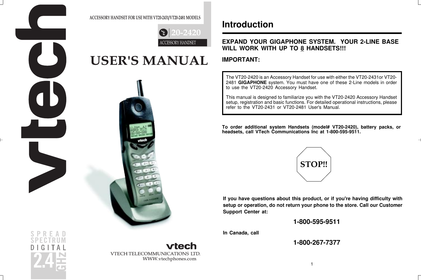 Page 1 of 11 - Vtech Vtech-Vt20-2420-Users-Manual- Vt20-2420 Manual DEC28.p65  Vtech-vt20-2420-users-manual