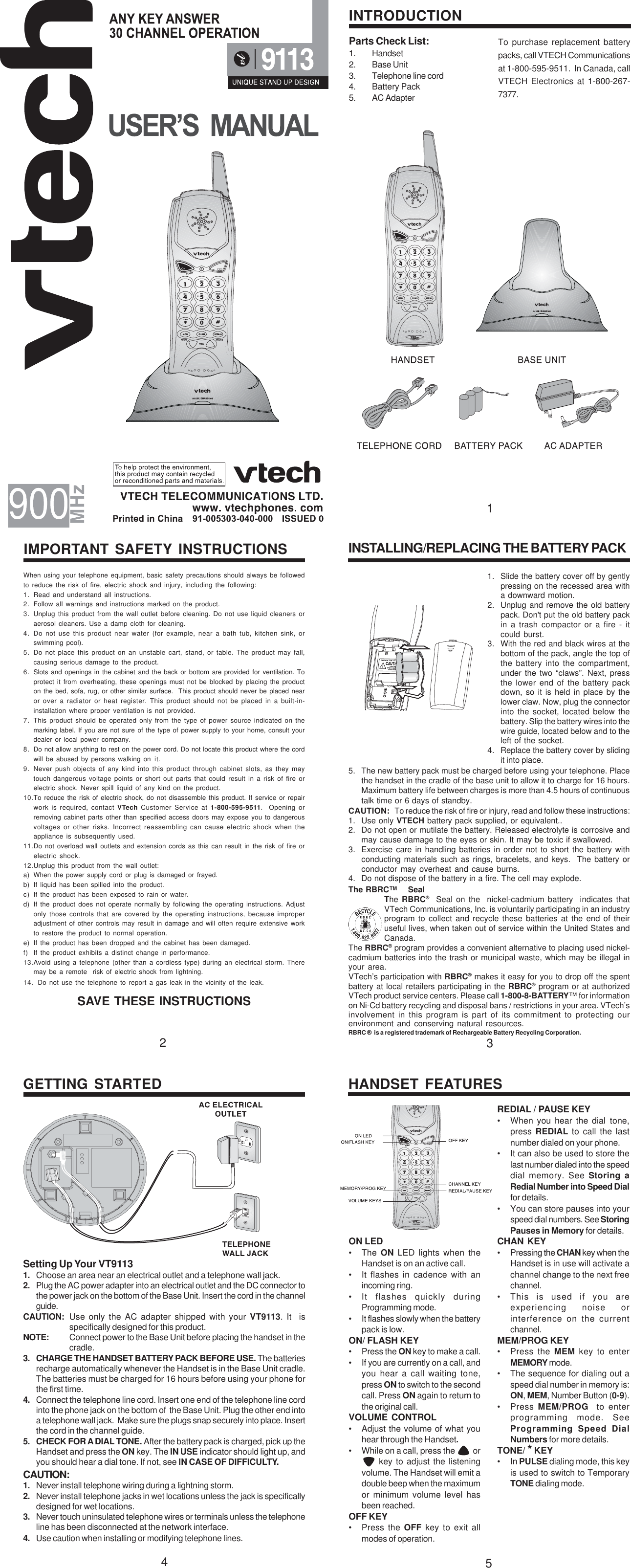 Page 1 of 4 - Vtech Vtech-Vt-9113-Users-Manual- 91-005303-040-VT9113-R0  Vtech-vt-9113-users-manual