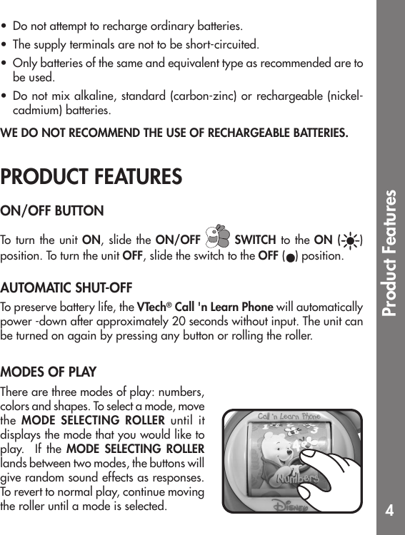 Page 4 of 9 - Vtech Vtech-Winnie-The-Pooh-Call-N-Learn-Phone-Owners-Manual- Winnie The Pooh Call ‚n Learn Phone  Vtech-winnie-the-pooh-call-n-learn-phone-owners-manual