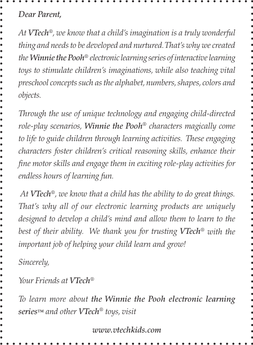 Page 2 of 10 - Vtech Vtech-Winnie-The-Pooh-Light-Up-Alphabet-Log-Owners-Manual- 61720 I/M  Vtech-winnie-the-pooh-light-up-alphabet-log-owners-manual