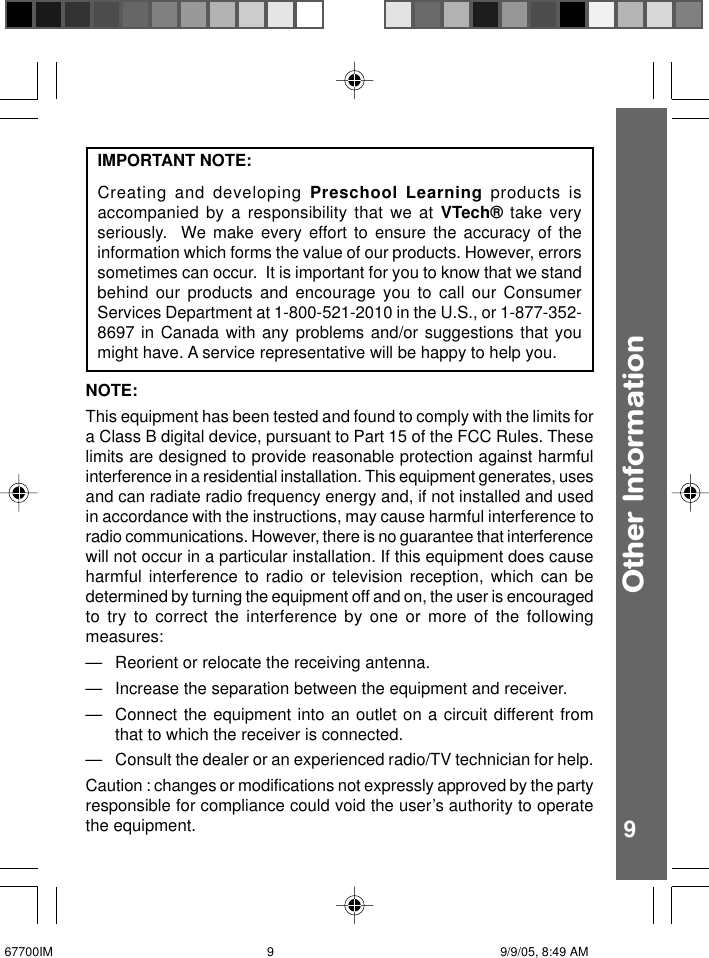 Page 10 of 10 - Vtech Vtech-Write-And-Learn-Letter-Pad-Owners-Manual- 67700IM  Vtech-write-and-learn-letter-pad-owners-manual