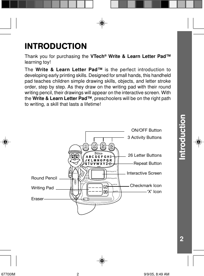 Page 3 of 10 - Vtech Vtech-Write-And-Learn-Letter-Pad-Owners-Manual- 67700IM  Vtech-write-and-learn-letter-pad-owners-manual