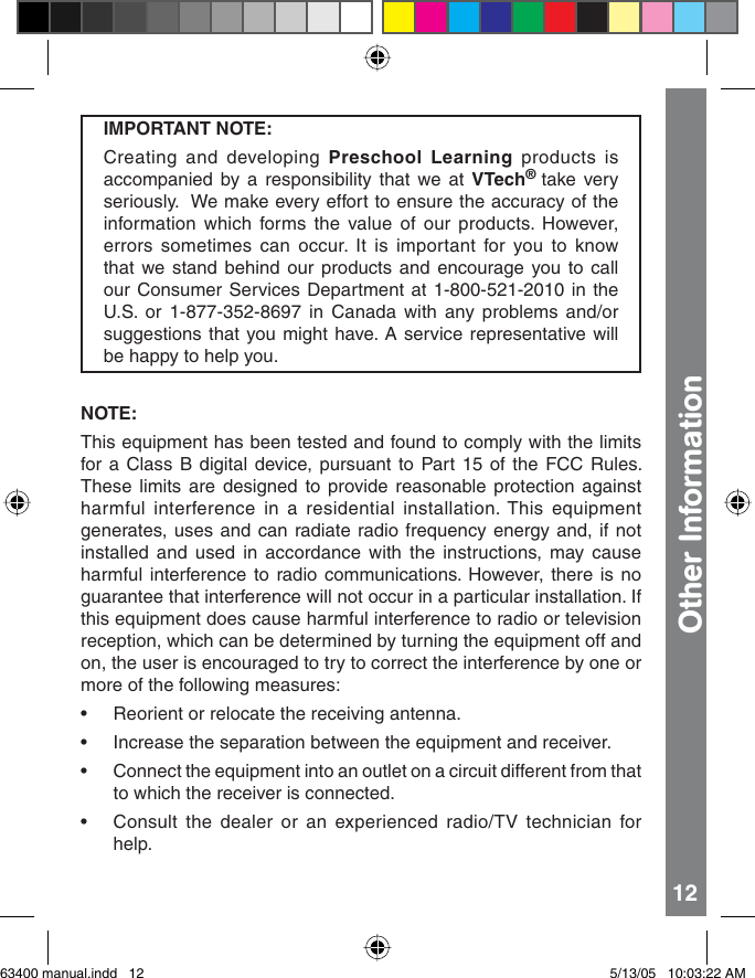 Page 12 of 12 - Vtech Vtech-Write-And-Learn-Lightboard-Owners-Manual- 63400 Manual  Vtech-write-and-learn-lightboard-owners-manual
