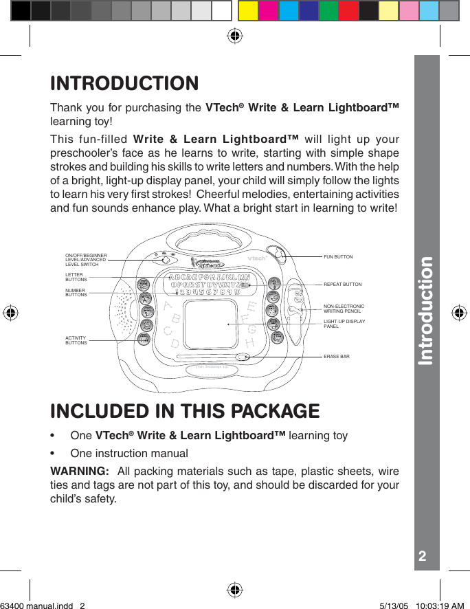 Page 2 of 12 - Vtech Vtech-Write-And-Learn-Lightboard-Owners-Manual- 63400 Manual  Vtech-write-and-learn-lightboard-owners-manual