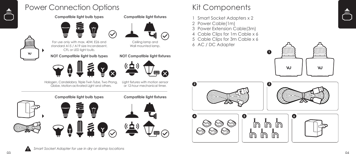 Smart Socket Adapter for use in dry or damp locationsPower Connection OptionsCompatible light bulb types Compatible light fixturesCompatible light fixturesFor use only with max. 40W, E26 and standard A15 / A19 size Incandesent, CFL or LED light bulb.Ceiling lamp andWall mounted lamp.Light fixtures with motion sensoror 12-hour mechanical timer.Halogen, Candelabra, Triple Twin Tube, Two Prong, Globe, Motion-activated Light and others.Compatible light bulb typesNOT Compatible light fixturesNOT Compatible light bulb typesSmart Socket Adapters x 2Power Cable(1m)Power Extension Cable(3m)Cable Clips for 1m Cable x 6Cable Clips for 3m Cable x 6AC / DC Adapter1234564 5 62 31Kit Components03 04