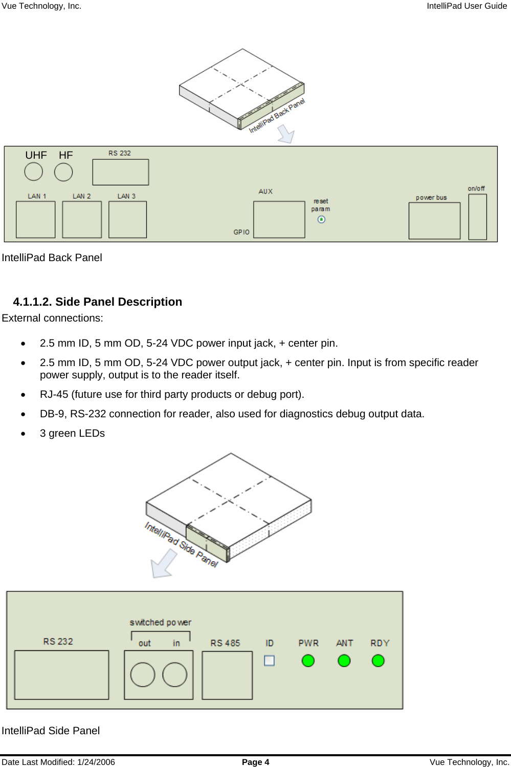 Vue Technology, Inc.                   IntelliPad User Guide  Date Last Modified: 1/24/2006  Page 4  Vue Technology, Inc.   UHF    HF IntelliPad Back Panel  4.1.1.2. Side Panel Description External connections:    •  2.5 mm ID, 5 mm OD, 5-24 VDC power input jack, + center pin. •  2.5 mm ID, 5 mm OD, 5-24 VDC power output jack, + center pin. Input is from specific reader power supply, output is to the reader itself. •  RJ-45 (future use for third party products or debug port). •  DB-9, RS-232 connection for reader, also used for diagnostics debug output data. •  3 green LEDs  IntelliPad Side Panel 