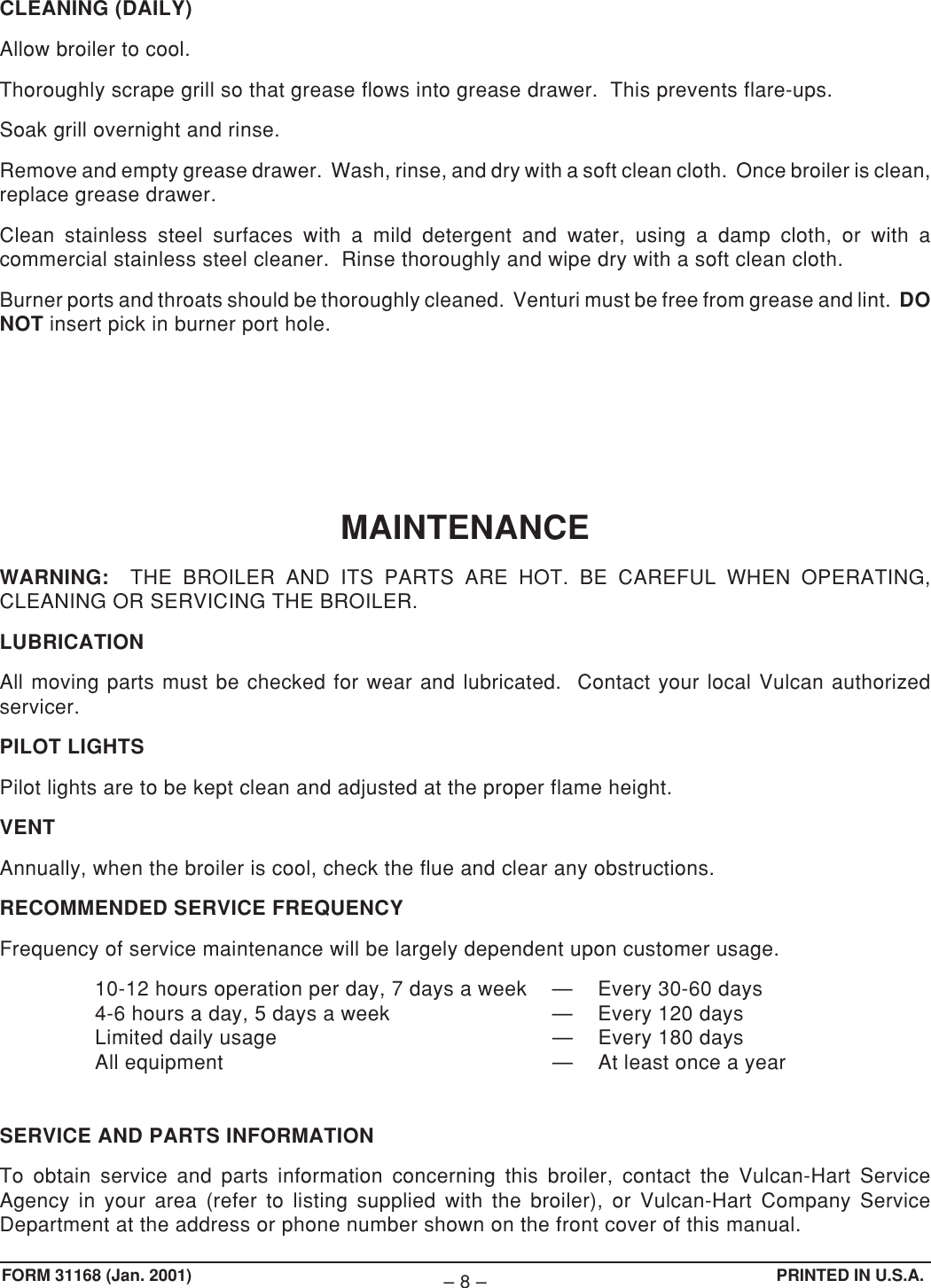Page 8 of 8 - Vulcan-Materials Vulcan-Materials-Vrb36-Ml-44953Z-Users-Manual- F-31168_VRB_VIR Broilers.pm65  Vulcan-materials-vrb36-ml-44953z-users-manual
