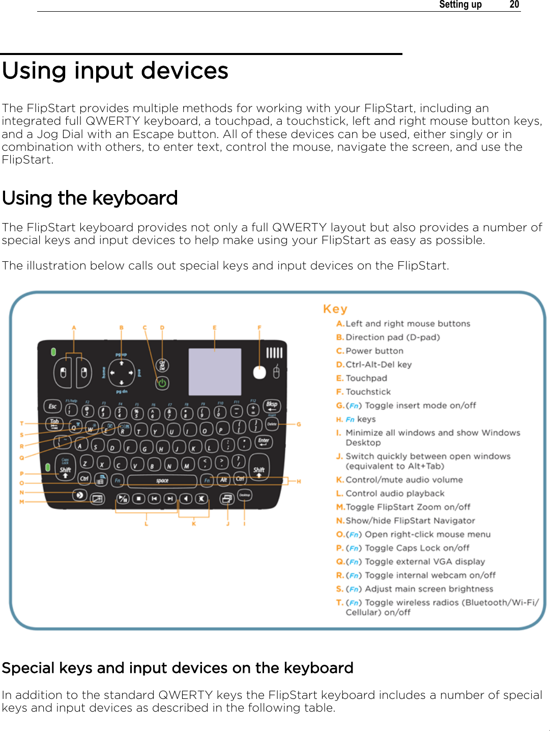 .   Setting up  20  Using input devices The FlipStart provides multiple methods for working with your FlipStart, including an integrated full QWERTY keyboard, a touchpad, a touchstick, left and right mouse button keys, and a Jog Dial with an Escape button. All of these devices can be used, either singly or in combination with others, to enter text, control the mouse, navigate the screen, and use the FlipStart.  Using the keyboard The FlipStart keyboard provides not only a full QWERTY layout but also provides a number of special keys and input devices to help make using your FlipStart as easy as possible.  The illustration below calls out special keys and input devices on the FlipStart.  Special keys and input devices on the keyboard In addition to the standard QWERTY keys the FlipStart keyboard includes a number of special keys and input devices as described in the following table. 