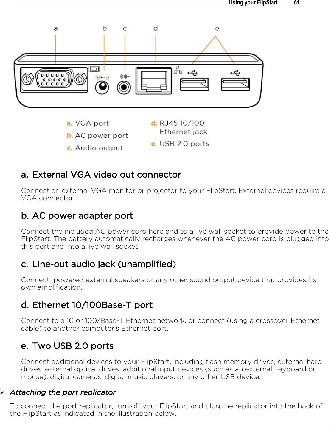 .   Using your FlipStart  61   a. External VGA video out connector Connect an external VGA monitor or projector to your FlipStart. External devices require a VGA connector. b. AC power adapter port Connect the included AC power cord here and to a live wall socket to provide power to the FlipStart. The battery automatically recharges whenever the AC power cord is plugged into this port and into a live wall socket. c. Line-out audio jack (unamplified) Connect  powered external speakers or any other sound output device that provides its own amplification. d. Ethernet 10/100Base-T port Connect to a 10 or 100/Base-T Ethernet network, or connect (using a crossover Ethernet cable) to another computer&apos;s Ethernet port. e. Two USB 2.0 ports Connect additional devices to your FlipStart, including flash memory drives, external hard drives, external optical drives, additional input devices (such as an external keyboard or mouse), digital cameras, digital music players, or any other USB device.  Attaching the port replicator To connect the port replicator, turn off your FlipStart and plug the replicator into the back of the FlipStart as indicated in the illustration below. 