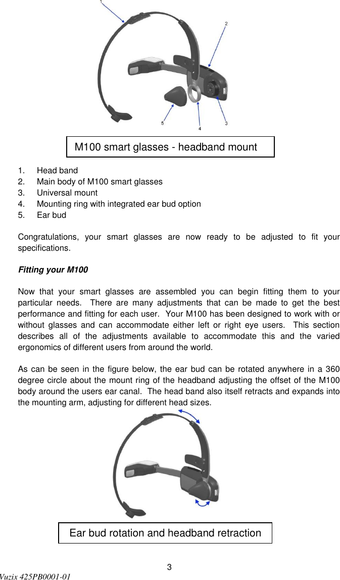  3 Vuzix 425PB0001-01     1. Head band  2.  Main body of M100 smart glasses 3.  Universal mount 4.  Mounting ring with integrated ear bud option 5.  Ear bud   Congratulations,  your  smart  glasses  are  now  ready  to  be  adjusted  to  fit  your specifications. Fitting your M100 Now  that  your  smart  glasses  are  assembled  you  can  begin  fitting  them  to  your particular  needs.    There  are  many  adjustments  that  can  be  made  to  get  the  best performance and fitting for each user.  Your M100 has been designed to work with or without  glasses  and  can  accommodate  either  left  or  right  eye  users.    This  section describes  all  of  the  adjustments  available  to  accommodate  this  and  the  varied ergonomics of different users from around the world. As can be seen in  the figure below, the ear bud can be rotated anywhere in a 360 degree circle about the mount ring of the headband adjusting the offset of the M100 body around the users ear canal.  The head band also itself retracts and expands into the mounting arm, adjusting for different head sizes.        M100 smart glasses - headband mount Ear bud rotation and headband retraction 