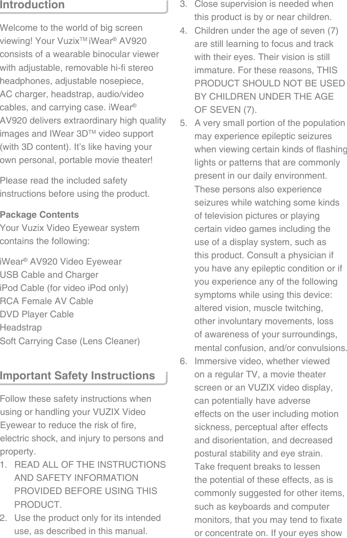 Page 3 of 12 - Vuzix Vuzix-Iwear-Av920-Users-Manual- AV920_manual_English_  Vuzix-iwear-av920-users-manual