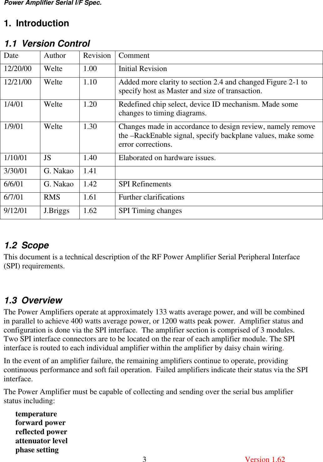 Power Amplifier Serial I/F Spec.       3  Version 1.62 1. Introduction 1.1 Version Control Date Author Revision Comment 12/20/00 Welte  1.00  Initial Revision 12/21/00 Welte  1.10  Added more clarity to section 2.4 and changed Figure 2-1 to specify host as Master and size of transaction. 1/4/01 Welte  1.20  Redefined chip select, device ID mechanism. Made some changes to timing diagrams. 1/9/01 Welte  1.30  Changes made in accordance to design review, namely remove the –RackEnable signal, specify backplane values, make some error corrections. 1/10/01 JS  1.40  Elaborated on hardware issues. 3/30/01  G. Nakao  1.41   6/6/01 G. Nakao  1.42  SPI Refinements 6/7/01 RMS  1.61  Further clarifications 9/12/01 J.Briggs  1.62  SPI Timing changes  1.2 Scope This document is a technical description of the RF Power Amplifier Serial Peripheral Interface (SPI) requirements.  1.3 Overview The Power Amplifiers operate at approximately 133 watts average power, and will be combined in parallel to achieve 400 watts average power, or 1200 watts peak power.  Amplifier status and configuration is done via the SPI interface.  The amplifier section is comprised of 3 modules.  Two SPI interface connectors are to be located on the rear of each amplifier module. The SPI interface is routed to each individual amplifier within the amplifier by daisy chain wiring.   In the event of an amplifier failure, the remaining amplifiers continue to operate, providing continuous performance and soft fail operation.  Failed amplifiers indicate their status via the SPI interface.   The Power Amplifier must be capable of collecting and sending over the serial bus amplifier status including: temperature forward power  reflected power attenuator level phase setting 