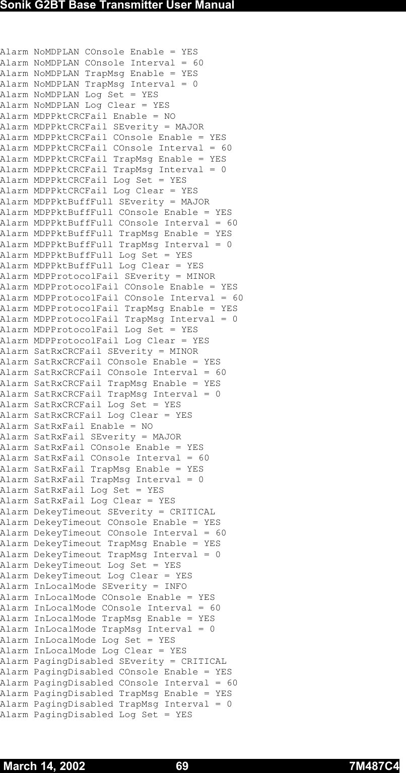  Sonik G2BT Base Transmitter User Manual         March 14, 2002  69  7M487C4   Alarm NoMDPLAN COnsole Enable = YES Alarm NoMDPLAN COnsole Interval = 60 Alarm NoMDPLAN TrapMsg Enable = YES Alarm NoMDPLAN TrapMsg Interval = 0 Alarm NoMDPLAN Log Set = YES Alarm NoMDPLAN Log Clear = YES Alarm MDPPktCRCFail Enable = NO Alarm MDPPktCRCFail SEverity = MAJOR    Alarm MDPPktCRCFail COnsole Enable = YES Alarm MDPPktCRCFail COnsole Interval = 60 Alarm MDPPktCRCFail TrapMsg Enable = YES Alarm MDPPktCRCFail TrapMsg Interval = 0 Alarm MDPPktCRCFail Log Set = YES Alarm MDPPktCRCFail Log Clear = YES Alarm MDPPktBuffFull SEverity = MAJOR    Alarm MDPPktBuffFull COnsole Enable = YES Alarm MDPPktBuffFull COnsole Interval = 60 Alarm MDPPktBuffFull TrapMsg Enable = YES Alarm MDPPktBuffFull TrapMsg Interval = 0 Alarm MDPPktBuffFull Log Set = YES Alarm MDPPktBuffFull Log Clear = YES Alarm MDPProtocolFail SEverity = MINOR    Alarm MDPProtocolFail COnsole Enable = YES Alarm MDPProtocolFail COnsole Interval = 60 Alarm MDPProtocolFail TrapMsg Enable = YES Alarm MDPProtocolFail TrapMsg Interval = 0 Alarm MDPProtocolFail Log Set = YES Alarm MDPProtocolFail Log Clear = YES Alarm SatRxCRCFail SEverity = MINOR    Alarm SatRxCRCFail COnsole Enable = YES Alarm SatRxCRCFail COnsole Interval = 60 Alarm SatRxCRCFail TrapMsg Enable = YES Alarm SatRxCRCFail TrapMsg Interval = 0 Alarm SatRxCRCFail Log Set = YES Alarm SatRxCRCFail Log Clear = YES Alarm SatRxFail Enable = NO Alarm SatRxFail SEverity = MAJOR    Alarm SatRxFail COnsole Enable = YES Alarm SatRxFail COnsole Interval = 60 Alarm SatRxFail TrapMsg Enable = YES Alarm SatRxFail TrapMsg Interval = 0 Alarm SatRxFail Log Set = YES Alarm SatRxFail Log Clear = YES Alarm DekeyTimeout SEverity = CRITICAL Alarm DekeyTimeout COnsole Enable = YES Alarm DekeyTimeout COnsole Interval = 60 Alarm DekeyTimeout TrapMsg Enable = YES Alarm DekeyTimeout TrapMsg Interval = 0 Alarm DekeyTimeout Log Set = YES Alarm DekeyTimeout Log Clear = YES Alarm InLocalMode SEverity = INFO     Alarm InLocalMode COnsole Enable = YES Alarm InLocalMode COnsole Interval = 60 Alarm InLocalMode TrapMsg Enable = YES Alarm InLocalMode TrapMsg Interval = 0 Alarm InLocalMode Log Set = YES Alarm InLocalMode Log Clear = YES Alarm PagingDisabled SEverity = CRITICAL Alarm PagingDisabled COnsole Enable = YES Alarm PagingDisabled COnsole Interval = 60 Alarm PagingDisabled TrapMsg Enable = YES Alarm PagingDisabled TrapMsg Interval = 0 Alarm PagingDisabled Log Set = YES 