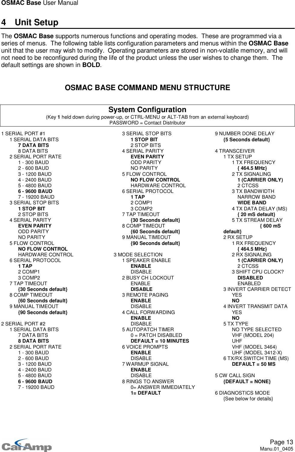 OSMAC Base User ManualPage 13Manu.01_04054UnitSetupThe OSMAC Base supports numerous functions and operating modes. These are programmed via aseries of menus. The following table lists configuration parameters and menus within the OSMAC Baseunit that the user may wish to modify. Operating parameters are stored in non-volatile memory, and willnot need to be reconfigured during the life of the product unless the user wishes to change them. Thedefault settings are shown in BOLD.OSMAC BASE COMMAND MENU STRUCTURESystem Configuration(Key 1held down during power-up, or CTRL-MENU or ALT-TAB from an external keyboard)PASSWORD = Contact Distributor1 SERIAL PORT #11 SERIAL DATA BITS7DATABITS8DATABITS2 SERIAL PORT RATE1-300BAUD2-600BAUD3 - 1200 BAUD4 - 2400 BAUD5 - 4800 BAUD6 - 9600 BAUD7 - 19200 BAUD3 SERIAL STOP BITS1STOPBIT2STOPBITS4 SERIAL PARITYEVEN PARITYODD PARITYNO PARITY5 FLOW CONTROLNO FLOW CONTROLHARDWARE CONTROL6 SERIAL PROTOCOL1TAP2COMP13COMP27TAPTIMEOUT{30 Seconds default}8COMPTIMEOUT{60 Seconds default}9 MANUAL TIMEOUT{90 Seconds default}2 SERIAL PORT #21 SERIAL DATA BITS7DATABITS8DATABITS2 SERIAL PORT RATE1-300BAUD2-600BAUD3 - 1200 BAUD4 - 2400 BAUD5 - 4800 BAUD6 - 9600 BAUD7 - 19200 BAUD3 SERIAL STOP BITS1STOPBIT2STOPBITS4 SERIAL PARITYEVEN PARITYODD PARITYNO PARITY5 FLOW CONTROLNO FLOW CONTROLHARDWARE CONTROL6 SERIAL PROTOCOL1TAP2COMP13COMP27TAPTIMEOUT{30 Seconds default}8COMPTIMEOUT{60 Seconds default}9 MANUAL TIMEOUT{90 Seconds default}3 MODE SELECTION1 SPEAKER ENABLEENABLEDISABLE2 BUSY CH LOCKOUTENABLEDISABLE3 REMOTE PAGINGENABLEDISABLE4 CALL FORWARDINGENABLEDISABLE5 AUTOPATCH TIMER0 = PATCH DISABLEDDEFAULT = 10 MINUTES6 VOICE PROMPTSENABLEDISABLE7WARMUPSIGNALENABLEDISABLE8 RINGS TO ANSWER0= ANSWER IMMEDIATELY1= DEFAULT9 NUMBER DONE DELAY{5 Seconds default}4 TRANSCEIVER1 TX SETUP1TXFREQUENCY{464.5MHz}2 TX SIGNALING1 (CARRIER ONLY)2CTCSS3 TX BANDWIDTHNARROW BANDWIDE BAND4 TX DATA DELAY (MS){20mSdefault}5 TX STREAM DELAY{600mSdefault}2 RX SETUP1RXFREQUENCY{464.5MHz}2 RX SIGNALING1 (CARRIER ONLY)2CTCSS3 SHIFT CPU CLOCK?DISABLEDENABLED3 INVERT CARRIER DETECTYESNO4 INVERT TRANSMIT DATAYESNO5TXTYPENO TYPE SELECTEDVHF (MODEL 204)UHFVHF (MODEL 3464)UHF (MODEL 3412-X)6 TX/RX SWITCH TIME (MS)DEFAULT = 50 MS5CWCALLSIGN{DEFAULT = NONE}6 DIAGNOSTICS MODE{See below for details}