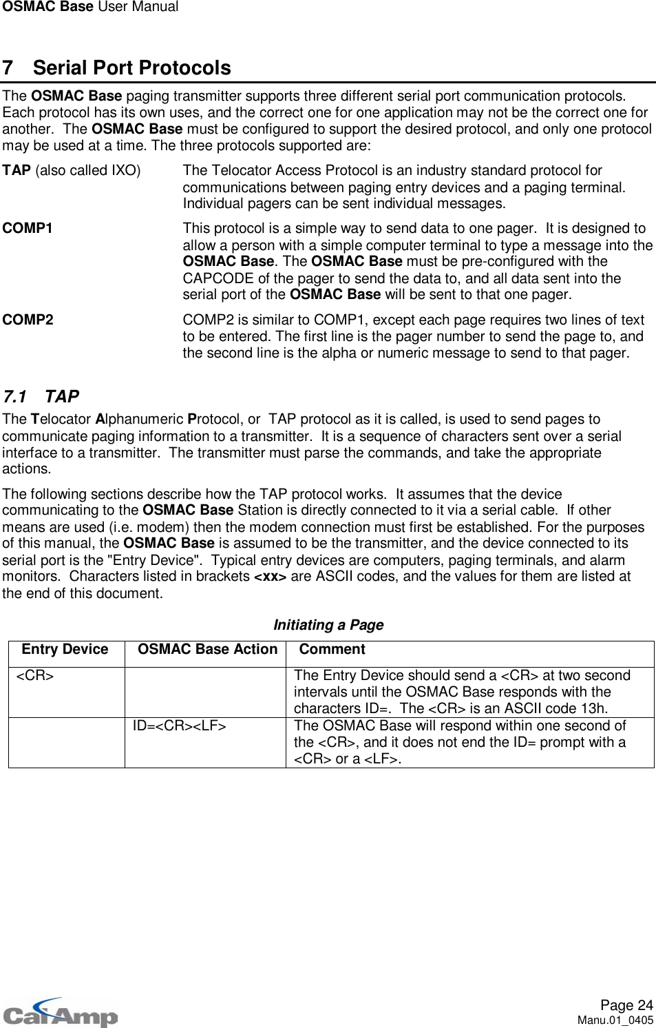 OSMAC Base User ManualPage 24Manu.01_04057 Serial Port ProtocolsThe OSMAC Base paging transmitter supports three different serial port communication protocols.Each protocol has its own uses, and the correct one for one application may not be the correct one foranother. The OSMAC Base must be configured to support the desired protocol, and only one protocolmay be used at a time. The three protocols supported are:TAP (also called IXO) The Telocator Access Protocol is an industry standard protocol forcommunications between paging entry devices and a paging terminal.Individual pagers can be sent individual messages.COMP1 This protocol is a simple way to send data to one pager. It is designed toallow a person with a simple computer terminal to type a message into theOSMAC Base.TheOSMAC Base must be pre-configured with theCAPCODE of the pager to send the data to, and all data sent into theserial port of the OSMAC Base will be sent to that one pager.COMP2 COMP2 is similar to COMP1, except each page requires two lines of textto be entered. The first line is the pager number to send the page to, andthe second line is the alpha or numeric message to send to that pager.7.1 TAPThe Telocator Alphanumeric Protocol, or TAP protocol as it is called, is used to send pages tocommunicate paging information to a transmitter. It is a sequence of characters sent over a serialinterface to a transmitter. The transmitter must parse the commands, and take the appropriateactions.The following sections describe how the TAP protocol works. It assumes that the devicecommunicating to the OSMAC Base Station is directly connected to it via a serial cable. If othermeans are used (i.e. modem) then the modem connection must first be established. For the purposesof this manual, the OSMAC Base is assumed to be the transmitter, and the device connected to itsserial port is the &quot;Entry Device&quot;. Typical entry devices are computers, paging terminals, and alarmmonitors. Characters listed in brackets &lt;xx&gt; are ASCII codes, and the values for them are listed atthe end of this document.Initiating a PageEntry Device OSMAC Base Action Comment&lt;CR&gt; The Entry Device should send a &lt;CR&gt; at two secondintervals until the OSMAC Base responds with thecharacters ID=. The &lt;CR&gt; is an ASCII code 13h.ID=&lt;CR&gt;&lt;LF&gt; The OSMAC Base will respond within one second ofthe &lt;CR&gt;, and it does not end the ID= prompt with a&lt;CR&gt; or a &lt;LF&gt;.