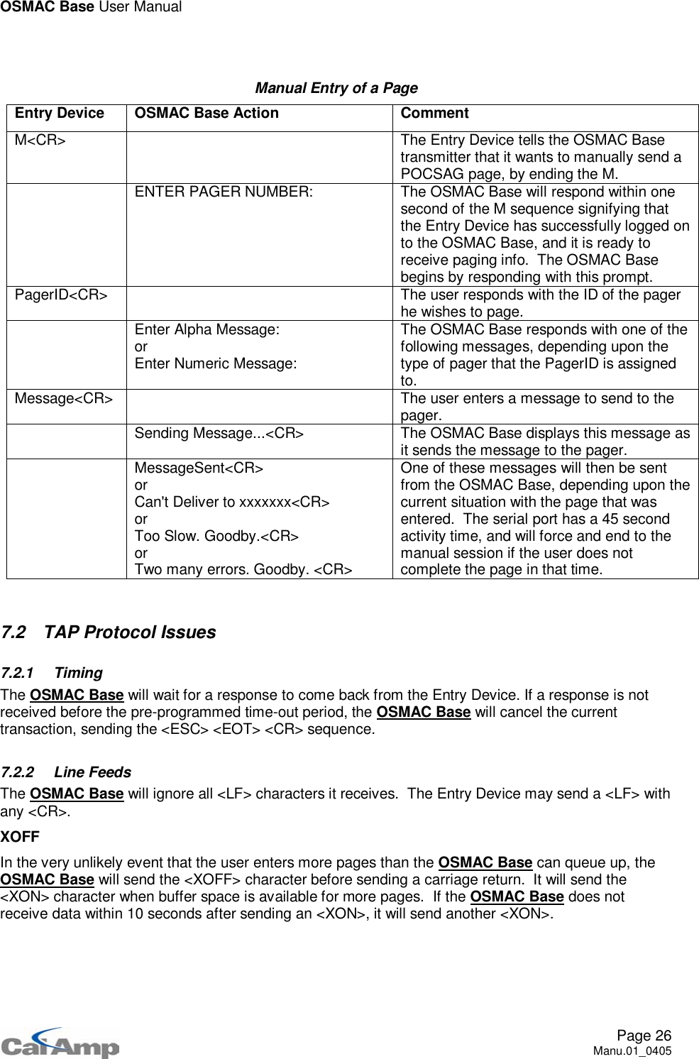 OSMAC Base User ManualPage 26Manu.01_0405Manual Entry of a PageEntry Device OSMAC Base Action CommentM&lt;CR&gt; The Entry Device tells the OSMAC Basetransmitter that it wants to manually send aPOCSAG page, by ending the M.ENTER PAGER NUMBER: The OSMAC Base will respond within onesecond of the M sequence signifying thatthe Entry Device has successfully logged onto the OSMAC Base, and it is ready toreceive paging info. The OSMAC Basebegins by responding with this prompt.PagerID&lt;CR&gt; The user responds with the ID of the pagerhe wishes to page.Enter Alpha Message:orEnter Numeric Message:The OSMAC Base responds with one of thefollowing messages, depending upon thetype of pager that the PagerID is assignedto.Message&lt;CR&gt; The user enters a message to send to thepager.Sending Message...&lt;CR&gt; The OSMAC Base displays this message asit sends the message to the pager.MessageSent&lt;CR&gt;orCan&apos;t Deliver to xxxxxxx&lt;CR&gt;orToo Slow. Goodby.&lt;CR&gt;orTwo many errors. Goodby. &lt;CR&gt;One of these messages will then be sentfrom the OSMAC Base, depending upon thecurrent situation with the page that wasentered. The serial port has a 45 secondactivity time, and will force and end to themanual session if the user does notcomplete the page in that time.7.2 TAP Protocol Issues7.2.1 TimingThe OSMAC Base will wait for a response to come back from the Entry Device. If a response is notreceived before the pre-programmed time-out period, the OSMAC Base will cancel the currenttransaction, sending the &lt;ESC&gt; &lt;EOT&gt; &lt;CR&gt; sequence.7.2.2 Line FeedsThe OSMAC Base will ignore all &lt;LF&gt; characters it receives. The Entry Device may send a &lt;LF&gt; withany &lt;CR&gt;.XOFFIn the very unlikely event that the user enters more pages than the OSMAC Base can queue up, theOSMAC Base will send the &lt;XOFF&gt; character before sending a carriage return. It will send the&lt;XON&gt; character when buffer space is available for more pages. If the OSMAC Base does notreceive data within 10 seconds after sending an &lt;XON&gt;, it will send another &lt;XON&gt;.