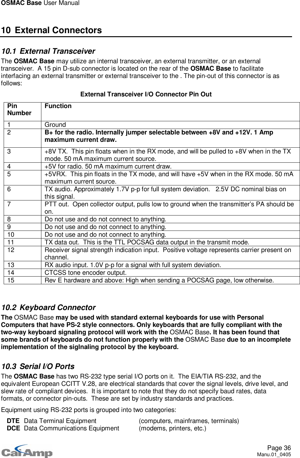 OSMAC Base User ManualPage 36Manu.01_040510 External Connectors10.1 External TransceiverThe OSMAC Base may utilize an internal transceiver, an external transmitter, or an externaltransceiver. A 15 pin D-sub connector is located on the rear of the OSMAC Base to facilitateinterfacing an external transmitter or external transceiver to the . The pin-out of this connector is asfollows:External Transceiver I/O Connector Pin OutPinNumber Function1 Ground2B+ for the radio. Internally jumper selectable between +8V and +12V. 1 Ampmaximum current draw.3 +8V TX. This pin floats when in the RX mode, and will be pulled to +8V when in the TXmode. 50 mA maximum current source.4 +5V for radio. 50 mA maximum current draw.5 +5VRX. This pin floats in the TX mode, and will have +5V when in the RX mode. 50 mAmaximum current source.6 TX audio. Approximately 1.7V p-p for full system deviation. 2.5V DC nominal bias onthis signal.7 PTT out. Open collector output, pulls low to ground when the transmitter’s PA should beon.8 Do not use and do not connect to anything.9 Do not use and do not connect to anything.10 Do not use and do not connect to anything.11 TX data out. This is the TTL POCSAG data output in the transmit mode.12 Receiver signal strength indication input. Positive voltage represents carrier present onchannel.13 RX audio input. 1.0V p-p for a signal with full system deviation.14 CTCSS tone encoder output.15 Rev E hardware and above: High when sending a POCSAG page, low otherwise.10.2 Keyboard ConnectorThe OSMAC Base may be used with standard external keyboards for use with PersonalComputers that have PS-2 style connectors. Only keyboards that are fully compliant with thetwo-way keyboard signaling protocol will work with the OSMAC Base. It has been found thatsome brands of keyboards do not function properly with the OSMAC Base due to an incompleteimplementation of the siglnaling protocol by the keyboard.10.3 Serial I/O PortsThe OSMAC Base has two RS-232 type serial I/O ports on it. The EIA/TIA RS-232, and theequivalent European CCITT V.28, are electrical standards that cover the signal levels, drive level, andslew rate of compliant devices. It is important to note that they do not specify baud rates, dataformats, or connector pin-outs. These are set by industry standards and practices.Equipment using RS-232 ports is grouped into two categories:DTE Data Terminal Equipment (computers, mainframes, terminals)DCE Data Communications Equipment (modems, printers, etc.)