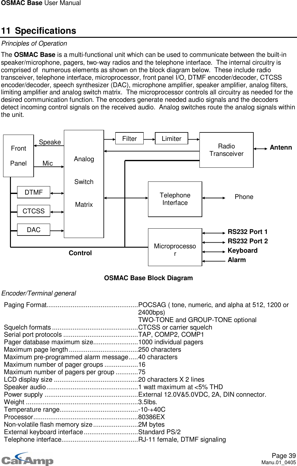 OSMAC Base User ManualPage 39Manu.01_040511 SpecificationsPrinciples of OperationThe OSMAC Base is a multi-functional unit which can be used to communicate between the built-inspeaker/microphone, pagers, two-way radios and the telephone interface. The internal circuitry iscomprised of numerous elements as shown on the block diagram below. These include radiotransceiver, telephone interface, microprocessor, front panel I/O, DTMF encoder/decoder, CTCSSencoder/decoder, speech synthesizer (DAC), microphone amplifier, speaker amplifier, analog filters,limiting amplifier and analog switch matrix. The microprocessor controls all circuitry as needed for thedesired communication function. The encoders generate needed audio signals and the decodersdetect incoming control signals on the received audio. Analog switches route the analog signals withinthe unit.OSMAC Base Block DiagramEncoder/Terminal generalPaging Format.................................................POCSAG ( tone, numeric, and alpha at 512, 1200 or2400bps)TWO-TONE and GROUP-TONE optionalSquelch formats ..............................................CTCSS or carrier squelchSerial port protocols ........................................TAP, COMP2, COMP1Pager database maximum size........................1000 individual pagersMaximum page length.....................................250 charactersMaximum pre-programmed alarm message.....40 charactersMaximum number of pager groups ..................16Maximum number of pagers per group ............75LCD display size .............................................20 characters X 2 linesSpeaker audio.................................................1 watt maximum at &lt;5% THDPower supply ..................................................External 12.0V&amp;5.0VDC, 2A, DIN connector.Weight ............................................................3.5lbs.Temperature range..........................................-10-+40CProcessor........................................................80386EXNon-volatile flash memory size........................2M bytesExternal keyboard interface.............................Standard PS/2Telephone interface.........................................RJ-11 female, DTMF signalingSpeakeMicControlAntennAnalogSwitchMatrixRadioTransceiverFrontPanelFilterLimiterTelephoneInterfacePhoneDTMFCTCSSDACMicroprocessorRS232 Port 1RS232 Port 2KeyboardAlarm