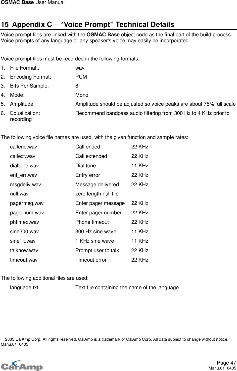 OSMAC Base User ManualPage 47Manu.01_040515 Appendix C – “Voice Prompt” Technical DetailsVoicepromptfilesarelinkedwiththeOSMAC Base object code as the final part of the build process.Voice prompts of any language or any speaker&apos;s voice may easily be incorporated.Voice prompt files must be recorded in the following formats:1. File Format:. wav2. Encoding Format: PCM3. Bits Per Sample: 84. Mode: Mono5. Amplitude: Amplitude should be adjusted so voice peaks are about 75% full scale6. Equalization: Recommend bandpass audio filtering from 300 Hz to 4 KHz prior torecordingThe following voice file names are used, with the given function and sample rates: callend.wav Call ended 22 KHz callext.wav Call extended 22 KHz dialtone.wav Dial tone 11 KHz ent_err.wav Entry error 22 KHz msgdeliv.wav Message delivered 22 KHz null.wav zero length null file pagermsg.wav Enter pager message 22 KHz pagernum.wav Enter pager number 22 KHz phtimeo.wav Phone timeout 22 KHz sine300.wav 300 Hz sine wave 11 KHz sine1k.wav 1 KHz sine wave 11 KHz talknow.wav Prompt user to talk 22 KHz timeout.wav Timeout error 22 KHzThe following additional files are used: language.txt Text file containing the name of the language 2005 CalAmp Corp. All rights reserved. CalAmp is a trademark of CalAmp Corp. All data subject to change without notice.Manu.01_0405