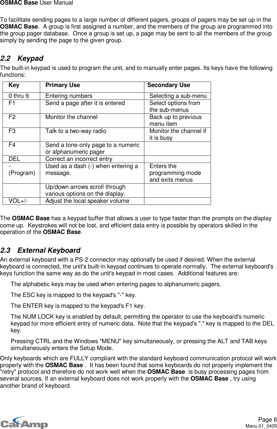 OSMAC Base User ManualPage 6Manu.01_0405To facilitate sending pages to a large number of different pagers, groups of pagers may be set up in theOSMAC Base. A group is first assigned a number, and the members of the group are programmed intothe group pager database. Once a group is set up, a page may be sent to all the members of the groupsimply by sending the page to the given group.2.2 KeypadThe built-in keypad is used to program the unit, and to manually enter pages. Its keys have the followingfunctions:Key Primary Use Secondary Use0 thru 9 Entering numbers Selecting a sub-menuF1 Send a page after it is entered Select options fromthe sub-menusF2 Monitor the channel Back up to previousmenu itemF3 Talk to a two-way radio Monitor the channel ifit is busyF4 Send a tone-only page to a numericor alphanumeric pagerDEL Correct an incorrect entry-(Program) Used as a dash (-) when entering amessage. Enters theprogramming modeand exits menus   Up/down arrows scroll throughvarious options on the display.VOL+/- Adjust the local speaker volumeThe OSMAC Base has a keypad buffer that allows a user to type faster than the prompts on the displaycome up. Keystrokes will not be lost, and efficient data entry is possible by operators skilled in theoperation of the OSMAC Base.2.3 External KeyboardAn external keyboard with a PS-2 connector may optionally be used if desired. When the externalkeyboard is connected, the unit&apos;s built-in keypad continues to operate normally. The external keyboard&apos;skeys function the same way as do the unit&apos;s keypad in most cases. Additional features are: The alphabetic keys may be used when entering pages to alphanumeric pagers. The ESC key is mapped to the keypad&apos;s &quot;-&quot; key. The ENTER key is mapped to the keypad&apos;s F1 key. The NUM LOCK key is enabled by default, permitting the operator to use the keyboard&apos;s numerickeypad for more efficient entry of numeric data. Note that the keypad&apos;s &quot;.&quot; key is mapped to the DELkey. Pressing CTRL and the Windows &quot;MENU&quot; key simultaneously, or pressing the ALT and TAB keyssimultaneously enters the Setup Mode.Only keyboards which are FULLY compliant with the standard keyboard communication protocol will workproperly with the OSMAC Base . It has been found that some keyboards do not properly implement the&quot;retry&quot; protocol and therefore do not work well when the OSMAC Base is busy processing pages fromseveral sources. If an external keyboard does not work properly with the OSMAC Base ,tryusinganother brand of keyboard.