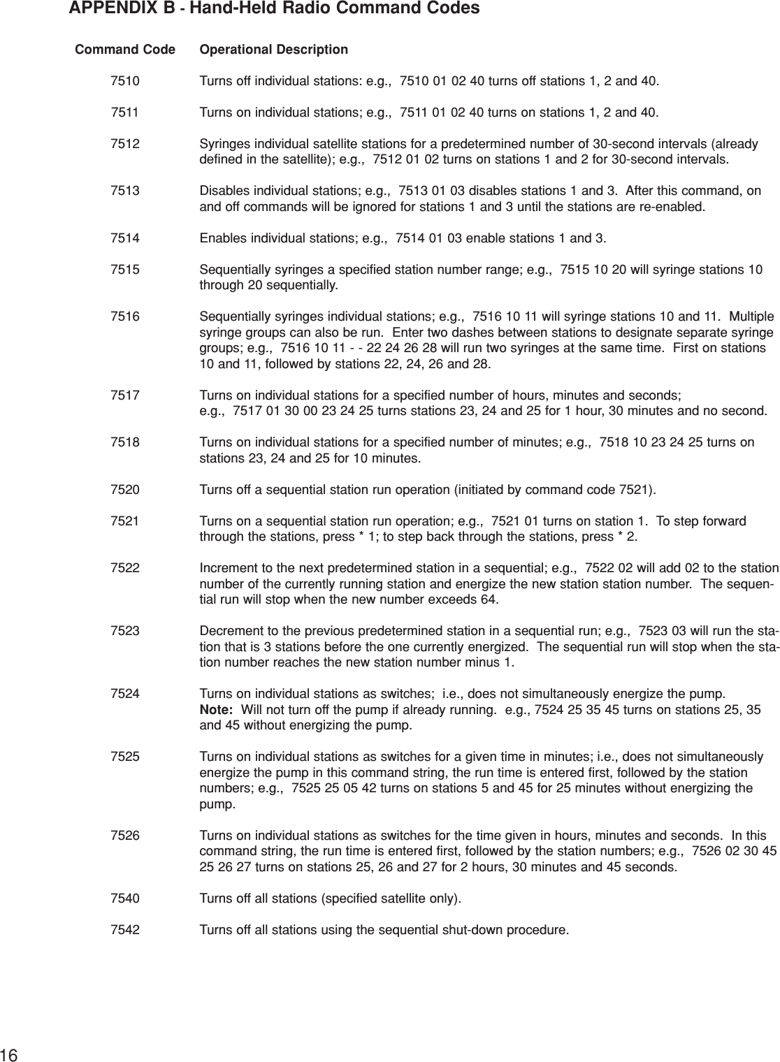 16APPENDIX B - Hand-Held Radio Command CodesOperational DescriptionTurns off individual stations: e.g.,  7510 01 02 40 turns off stations 1, 2 and 40.Turns on individual stations; e.g.,  7511 01 02 40 turns on stations 1, 2 and 40.Syringes individual satellite stations for a predetermined number of 30-second intervals (alreadydefined in the satellite); e.g.,  7512 01 02 turns on stations 1 and 2 for 30-second intervals.Disables individual stations; e.g.,  7513 01 03 disables stations 1 and 3.  After this command, onand off commands will be ignored for stations 1 and 3 until the stations are re-enabled.Enables individual stations; e.g.,  7514 01 03 enable stations 1 and 3.Sequentially syringes a specified station number range; e.g.,  7515 10 20 will syringe stations 10through 20 sequentially.Sequentially syringes individual stations; e.g.,  7516 10 11 will syringe stations 10 and 11.  Multiplesyringe groups can also be run.  Enter two dashes between stations to designate separate syringegroups; e.g.,  7516 10 11 - - 22 24 26 28 will run two syringes at the same time.  First on stations10 and 11, followed by stations 22, 24, 26 and 28.Turns on individual stations for a specified number of hours, minutes and seconds;e.g.,  7517 01 30 00 23 24 25 turns stations 23, 24 and 25 for 1 hour, 30 minutes and no second.Turns on individual stations for a specified number of minutes; e.g.,  7518 10 23 24 25 turns onstations 23, 24 and 25 for 10 minutes.Turns off a sequential station run operation (initiated by command code 7521).Turns on a sequential station run operation; e.g.,  7521 01 turns on station 1.  To step forwardthrough the stations, press * 1; to step back through the stations, press * 2.Increment to the next predetermined station in a sequential; e.g.,  7522 02 will add 02 to the stationnumber of the currently running station and energize the new station station number.  The sequen-tial run will stop when the new number exceeds 64.Decrement to the previous predetermined station in a sequential run; e.g.,  7523 03 will run the sta-tion that is 3 stations before the one currently energized.  The sequential run will stop when the sta-tion number reaches the new station number minus 1.Turns on individual stations as switches;  i.e., does not simultaneously energize the pump.Note: Will not turn off the pump if already running.  e.g., 7524 25 35 45 turns on stations 25, 35and 45 without energizing the pump.Turns on individual stations as switches for a given time in minutes; i.e., does not simultaneouslyenergize the pump in this command string, the run time is entered first, followed by the stationnumbers; e.g.,  7525 25 05 42 turns on stations 5 and 45 for 25 minutes without energizing thepump.Turns on individual stations as switches for the time given in hours, minutes and seconds.  In thiscommand string, the run time is entered first, followed by the station numbers; e.g.,  7526 02 30 4525 26 27 turns on stations 25, 26 and 27 for 2 hours, 30 minutes and 45 seconds.Turns off all stations (specified satellite only).Turns off all stations using the sequential shut-down procedure.Command Code751075117512751375147515751675177518752075217522752375247525752675407542