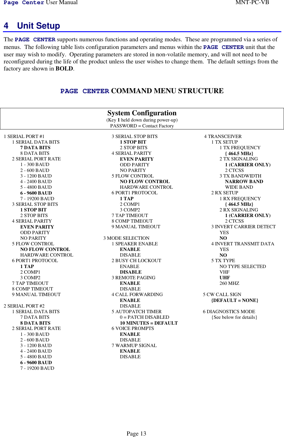 Page Center User Manual MNT-PC-VBPage 134 Unit SetupThe PAGE CENTER supports numerous functions and operating modes.  These are programmed via a series ofmenus.  The following table lists configuration parameters and menus within the PAGE CENTER unit that theuser may wish to modify.  Operating parameters are stored in non-volatile memory, and will not need to bereconfigured during the life of the product unless the user wishes to change them.  The default settings from thefactory are shown in BOLD.PAGE CENTER COMMAND MENU STRUCTURESystem Configuration(Key 1 held down during power-up)PASSWORD = Contact Factory1 SERIAL PORT #1    1 SERIAL DATA BITS7 DATA BITS    8 DATA BITS     2 SERIAL PORT RATE         1 - 300 BAUD         2 - 600 BAUD         3 - 1200 BAUD         4 - 2400 BAUD         5 - 4800 BAUD         6 - 9600 BAUD         7 - 19200 BAUD3 SERIAL STOP BITS1 STOP BIT             2 STOP BITS     4 SERIAL PARITYEVEN PARITY             ODD PARITY             NO PARITY5 FLOW CONTROLNO FLOW CONTROLHARDWARE CONTROL6 PORT1 PROTOCOL         1 TAP         2 COMP1         3 COMP27 TAP TIMEOUT8 COMP TIMEOUT9 MANUAL TIMEOUT2 SERIAL PORT #2    1 SERIAL DATA BITS7 DATA BITS    8 DATA BITS2 SERIAL PORT RATE         1 - 300 BAUD         2 - 600 BAUD         3 - 1200 BAUD         4 - 2400 BAUD         5 - 4800 BAUD         6 - 9600 BAUD         7 - 19200 BAUD     3 SERIAL STOP BITS1 STOP BIT             2 STOP BITS     4 SERIAL PARITYEVEN PARITY             ODD PARITY             NO PARITY5 FLOW CONTROLNO FLOW CONTROLHARDWARE CONTROL6 PORT1 PROTOCOL         1 TAP         2 COMP1         3 COMP27 TAP TIMEOUT8 COMP TIMEOUT9 MANUAL TIMEOUT3 MODE SELECTION1 SPEAKER ENABLEENABLEDISABLE2 BUSY CH LOCKOUTENABLEDISABLE3 REMOTE PAGINGENABLEDISABLE4 CALL FORWARDINGENABLEDISABLE5 AUTOPATCH TIMER0 = PATCH DISABLED10 MINUTES = DEFAULT6 VOICE PROMPTSENABLEDISABLE7 WARMUP SIGNALENABLEDISABLE 4 TRANSCEIVER1 TX SETUP         1 TX FREQUENCY{ 464.5 MHz}2 TX SIGNALING             1 (CARRIER ONLY)             2 CTCSS         3 TX BANDWIDTHNARROW BAND                 WIDE BAND2 RX SETUP 1 RX FREQUENCY{ 464.5 MHz}2 RX SIGNALING1 (CARRIER ONLY)2 CTCSS3 INVERT CARRIER DETECTYESNO4 INVERT TRANSMIT DATAYESNO5 TX TYPENO TYPE SELECTEDVHF        UHF260 MHZ5 CW CALL SIGN{DEFAULT = NONE}6 DIAGNOSTICS MODE{See below for details}