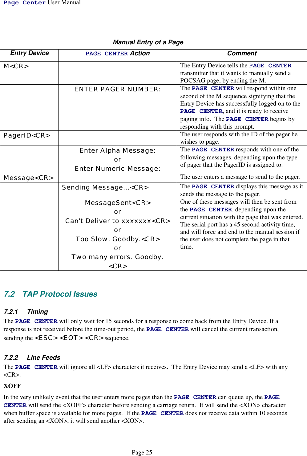 Page Center User ManualPage 25Manual Entry of a PageEntry Device PAGE CENTER Action CommentM&lt;CR&gt; The Entry Device tells the PAGE CENTERtransmitter that it wants to manually send aPOCSAG page, by ending the M.ENTER PAGER NUMBER: The PAGE CENTER will respond within onesecond of the M sequence signifying that theEntry Device has successfully logged on to thePAGE CENTER, and it is ready to receivepaging info.  The PAGE CENTER begins byresponding with this prompt.PagerID&lt;CR&gt; The user responds with the ID of the pager hewishes to page.Enter Alpha Message:orEnter Numeric Message:The PAGE CENTER responds with one of thefollowing messages, depending upon the typeof pager that the PagerID is assigned to.Message&lt;CR&gt; The user enters a message to send to the pager.Sending Message...&lt;CR&gt; The PAGE CENTER displays this message as itsends the message to the pager.MessageSent&lt;CR&gt;orCan&apos;t Deliver to xxxxxxx&lt;CR&gt;orToo Slow. Goodby.&lt;CR&gt;orTwo many errors. Goodby.&lt;CR&gt;One of these messages will then be sent fromthe PAGE CENTER, depending upon thecurrent situation with the page that was entered.The serial port has a 45 second activity time,and will force and end to the manual session ifthe user does not complete the page in thattime.7.2  TAP Protocol Issues7.2.1 TimingThe PAGE CENTER will only wait for 15 seconds for a response to come back from the Entry Device. If aresponse is not received before the time-out period, the PAGE CENTER will cancel the current transaction,sending the &lt;ESC&gt; &lt;EOT&gt; &lt;CR&gt; sequence.7.2.2 Line FeedsThe PAGE CENTER will ignore all &lt;LF&gt; characters it receives.  The Entry Device may send a &lt;LF&gt; with any&lt;CR&gt;.XOFFIn the very unlikely event that the user enters more pages than the PAGE CENTER can queue up, the PAGECENTER will send the &lt;XOFF&gt; character before sending a carriage return.  It will send the &lt;XON&gt; characterwhen buffer space is available for more pages.  If the PAGE CENTER does not receive data within 10 secondsafter sending an &lt;XON&gt;, it will send another &lt;XON&gt;.