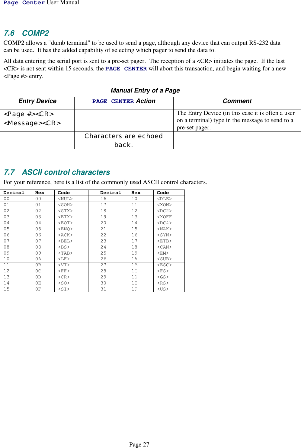 Page Center User ManualPage 277.6 COMP2COMP2 allows a &quot;dumb terminal&quot; to be used to send a page, although any device that can output RS-232 datacan be used.  It has the added capability of selecting which pager to send the data to.All data entering the serial port is sent to a pre-set pager.  The reception of a &lt;CR&gt; initiates the page.  If the last&lt;CR&gt; is not sent within 15 seconds, the PAGE CENTER will abort this transaction, and begin waiting for a new&lt;Page #&gt; entry.Manual Entry of a PageEntry Device PAGE CENTER Action Comment&lt;Page #&gt;&lt;CR&gt;&lt;Message&gt;&lt;CR&gt;The Entry Device (in this case it is often a useron a terminal) type in the message to send to apre-set pager.Characters are echoedback.7.7  ASCII control charactersFor your reference, here is a list of the commonly used ASCII control characters.Decimal Hex Code Decimal Hex Code00 00 &lt;NUL&gt; 16 10 &lt;DLE&gt;01 01 &lt;SOH&gt; 17 11 &lt;XON&gt;02 02 &lt;STX&gt; 18 12 &lt;DC2&gt;03 03 &lt;ETX&gt; 19 13 &lt;XOFF04 04 &lt;EOT&gt; 20 14 &lt;DC4&gt;05 05 &lt;ENQ&gt; 21 15 &lt;NAK&gt;06 06 &lt;ACK&gt; 22 16 &lt;SYN&gt;07 07 &lt;BEL&gt; 23 17 &lt;ETB&gt;08 08 &lt;BS&gt; 24 18 &lt;CAN&gt;09 09 &lt;TAB&gt; 25 19 &lt;EM&gt;10 0A &lt;LF&gt; 26 1A &lt;SUB&gt;11 0B &lt;VT&gt; 27 1B &lt;ESC&gt;12 0C &lt;FF&gt; 28 1C &lt;FS&gt;13 0D &lt;CR&gt; 29 1D &lt;GS&gt;14 0E &lt;SO&gt; 30 1E &lt;RS&gt;15 0F &lt;SI&gt; 31 1F &lt;US&gt;