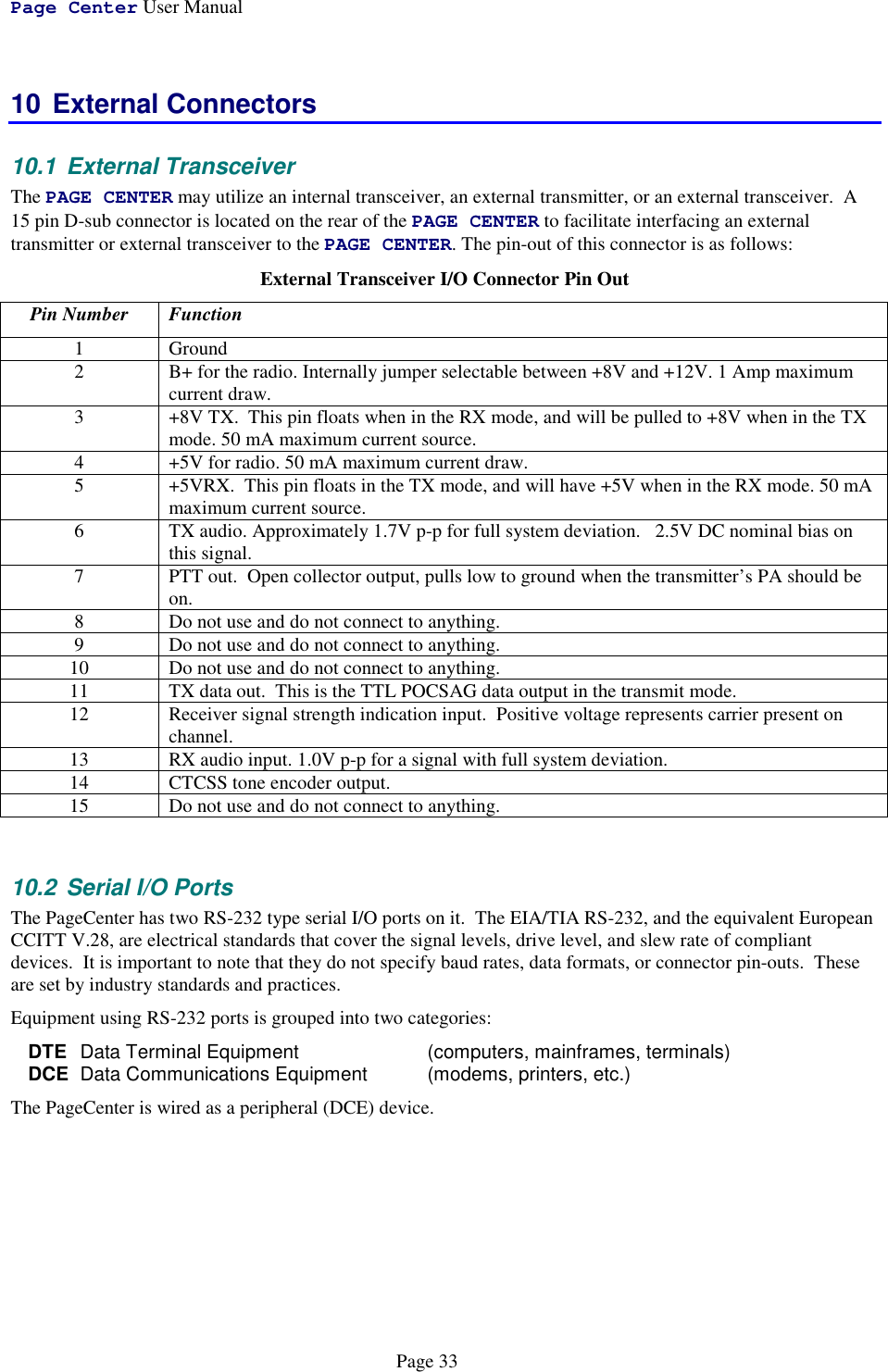 Page Center User ManualPage 3310 External Connectors10.1 External TransceiverThe PAGE CENTER may utilize an internal transceiver, an external transmitter, or an external transceiver.  A15 pin D-sub connector is located on the rear of the PAGE CENTER to facilitate interfacing an externaltransmitter or external transceiver to the PAGE CENTER. The pin-out of this connector is as follows:External Transceiver I/O Connector Pin OutPin Number Function1 Ground2 B+ for the radio. Internally jumper selectable between +8V and +12V. 1 Amp maximumcurrent draw.3 +8V TX.  This pin floats when in the RX mode, and will be pulled to +8V when in the TXmode. 50 mA maximum current source.4 +5V for radio. 50 mA maximum current draw.5 +5VRX.  This pin floats in the TX mode, and will have +5V when in the RX mode. 50 mAmaximum current source.6 TX audio. Approximately 1.7V p-p for full system deviation.   2.5V DC nominal bias onthis signal.7 PTT out.  Open collector output, pulls low to ground when the transmitter’s PA should beon.8 Do not use and do not connect to anything.9 Do not use and do not connect to anything.10 Do not use and do not connect to anything.11 TX data out.  This is the TTL POCSAG data output in the transmit mode.12 Receiver signal strength indication input.  Positive voltage represents carrier present onchannel.13 RX audio input. 1.0V p-p for a signal with full system deviation.14 CTCSS tone encoder output.15 Do not use and do not connect to anything.10.2  Serial I/O PortsThe PageCenter has two RS-232 type serial I/O ports on it.  The EIA/TIA RS-232, and the equivalent EuropeanCCITT V.28, are electrical standards that cover the signal levels, drive level, and slew rate of compliantdevices.  It is important to note that they do not specify baud rates, data formats, or connector pin-outs.  Theseare set by industry standards and practices.Equipment using RS-232 ports is grouped into two categories:DTE Data Terminal Equipment  (computers, mainframes, terminals)DCE Data Communications Equipment  (modems, printers, etc.)The PageCenter is wired as a peripheral (DCE) device.