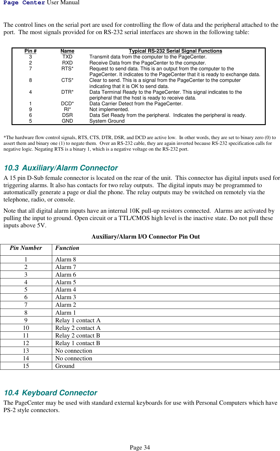 Page Center User ManualPage 34The control lines on the serial port are used for controlling the flow of data and the peripheral attached to theport.  The most signals provided for on RS-232 serial interfaces are shown in the following table:Pin # Name Typical RS-232 Serial Signal Functions3 TXD Transmit data from the computer to the PageCenter.2 RXD Receive Data from the PageCenter to the computer.7 RTS* Request to send data. This is an output from the computer to thePageCenter. It indicates to the PageCenter that it is ready to exchange data.8 CTS* Clear to send. This is a signal from the PageCenter to the computerindicating that it is OK to send data.4 DTR* Data Terminal Ready to the PageCenter. This signal indicates to theperipheral that the host is ready to receive data.1 DCD* Data Carrier Detect from the PageCenter.9 RI* Not implemented.6 DSR Data Set Ready from the peripheral.  Indicates the peripheral is ready.5 GND System Ground*The hardware flow control signals, RTS, CTS, DTR, DSR, and DCD are active low.  In other words, they are set to binary zero (0) toassert them and binary one (1) to negate them.  Over an RS-232 cable, they are again inverted because RS-232 specification calls fornegative logic. Negating RTS is a binary 1, which is a negative voltage on the RS-232 port.10.3 Auxiliary/Alarm ConnectorA 15 pin D-Sub female connector is located on the rear of the unit.  This connector has digital inputs used fortriggering alarms. It also has contacts for two relay outputs.  The digital inputs may be programmed toautomatically generate a page or dial the phone. The relay outputs may be switched on remotely via thetelephone, radio, or console.Note that all digital alarm inputs have an internal 10K pull-up resistors connected.  Alarms are activated bypulling the input to ground. Open circuit or a TTL/CMOS high level is the inactive state. Do not pull theseinputs above 5V.Auxiliary/Alarm I/O Connector Pin OutPin Number Function1Alarm 82Alarm 73Alarm 64Alarm 55Alarm 46Alarm 37Alarm 28Alarm 19 Relay 1 contact A10 Relay 2 contact A11 Relay 2 contact B12 Relay 1 contact B13 No connection14 No connection15 Ground10.4 Keyboard ConnectorThe PageCenter may be used with standard external keyboards for use with Personal Computers which havePS-2 style connectors.